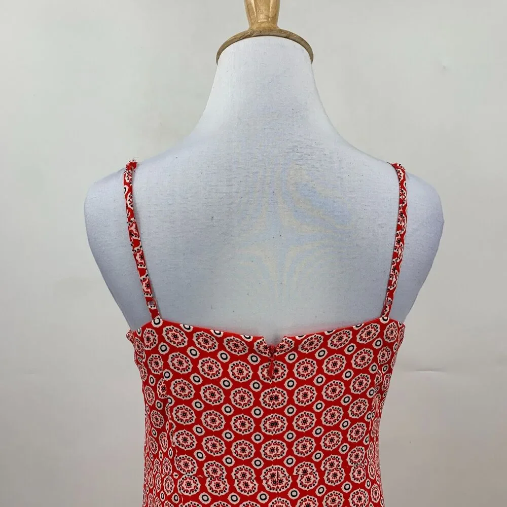 J Crew Ruffle Hem Dress Womens 0 Red Printed Spaghetti Drop Waist Knee Length
